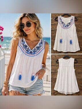 Lilly Pulitzer Embroidered Tassel Tank Top White Blue Pink Size Small